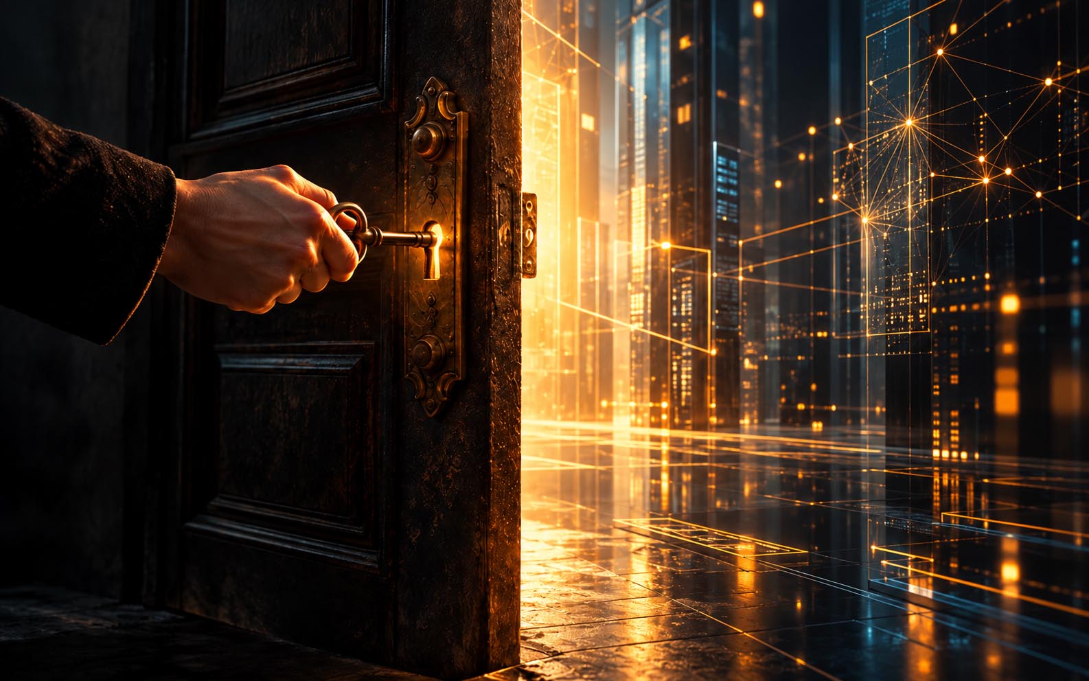 A human hand unlocks and opens a dark wooden door, revealing a glowing digital environment of blue and amber data lines, network connections, and futuristic interfaces, symbolizing people granting AI access and authority.