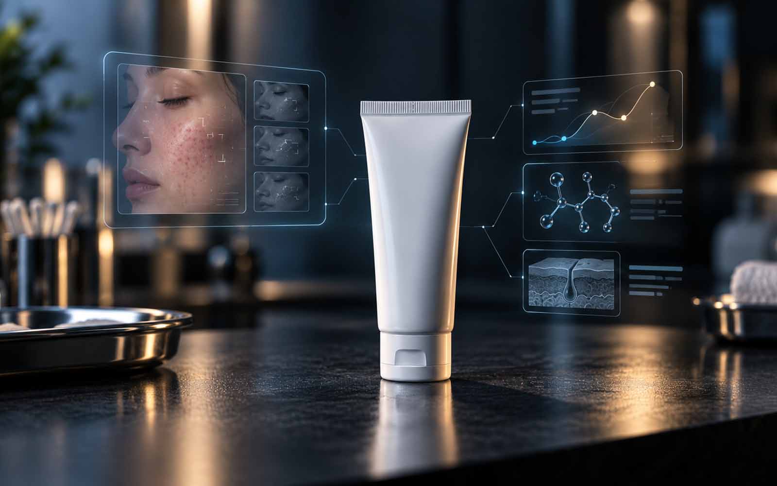 make me an alt text for that image please A white tube of acne cream sits on a dark medical counter, surrounded by futuristic AI-powered diagnostic displays showing facial skin analysis, molecular structures, and treatment data, symbolizing the emerging role of artificial intelligence in healthcare.